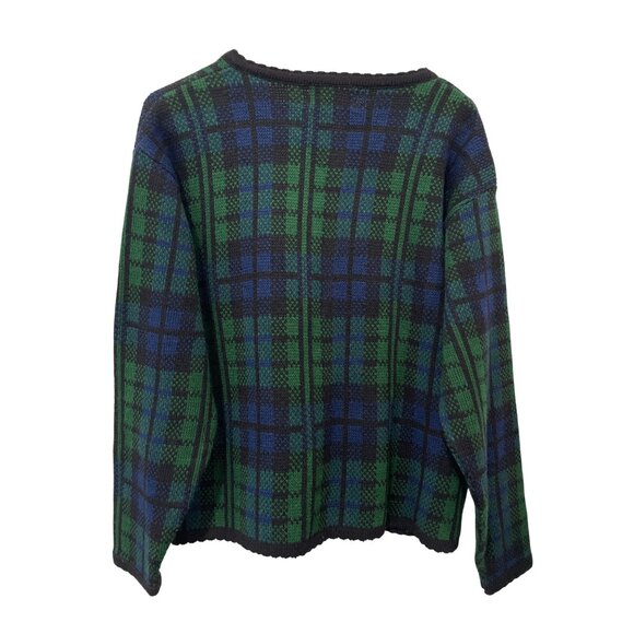 Vintage 90s Tally Ho Cardigan Sweater Size XL Blackwatch Plaid Button Blue Green - Picture 2 of 7